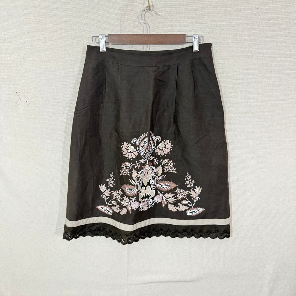 Ann Taylor Loft Brown Linen Blend Embroidered Eyelet Lace Hem Skirt 4